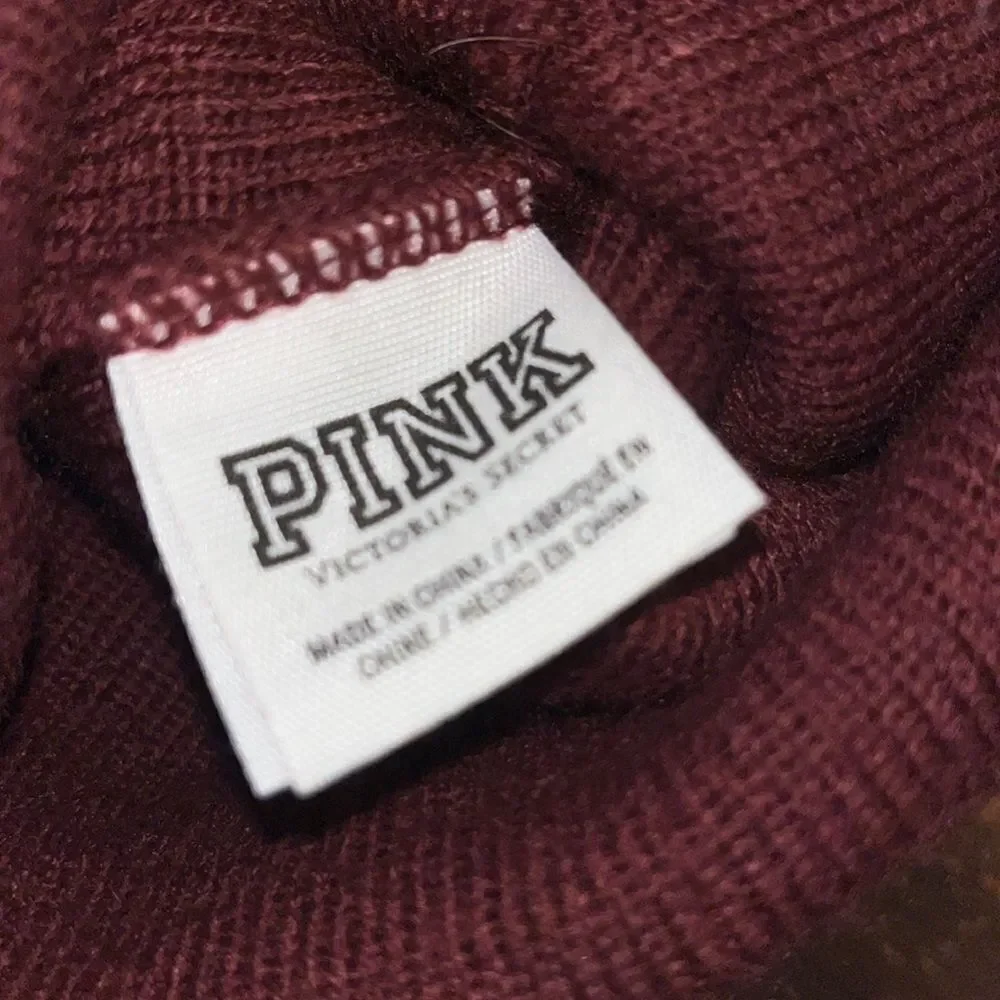 Victoria's Secret PINK Pompom Logo Knit Beanie Tobbogan Toque cap hat 2 tone